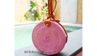 straw synthetic rattan circle bag color pink